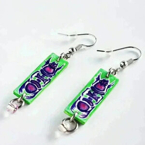 Garden fairy's lucky scarab long rectangular dangle earrings with  pink beads